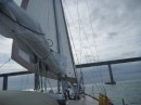 staysail out as we approach the bridge