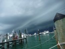 storm to the west...winds were 40 and pushing the boat sideways...rain was cold and driving