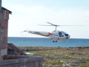 Helicopter landing on Bird Island.