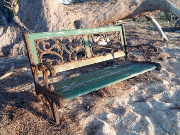 Bench on the beach just before sunset