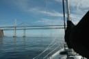 Arwen about to pass under the Bay Bridge, a first for us.