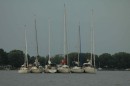 Six boats rafted up in the Drum Point anchorage on Saturday