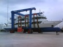 A impressive sight, the largest travel hoist in the Ionian at 300tons capacity.