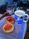 Breakfast on Nanjo, 2 bread thingies, strawberry jam, lovely cuppa tea. Ace.
