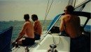 Matt Small, John and Steve Clarke. A suprisingly beautiful day sailing around the I.O.W in the Round Island Race.
