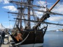 Here is another view of the Endeavor showing the wood stocked anchor and the long bowsprit where sailors had to climb to handle the sails that were unfurled below it.  This shot shows how the old sailor