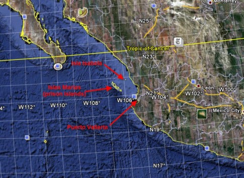 This screen shot from google earth shows the location of Isla Isabela relative to the west coast of Mexico.  We sailed from Mazatlan to Isla Isabela in a single day which required that we get up early and use the motor when the wind did not cooperate.  We arrived at dusk and were able to anchor just before night fell