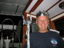 John got to play the role of king Neptune complete with crown and trident (made from our boat hook an aluminum foil.  He is suitably dressed in a Greatful Dead tee shirt