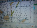 This screen shot (with my camera) of our navigation software shows the route we were on bound for Santa Cruz Island (lower left) when we crossed the equator as we closed with the Galapagos.