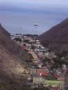 Here is another view down into the town with the HMS St Helena at anchor outside the harbor.  St Helena has no airport but is building one.  Once the airport is completed the ship will be retired.  Its over 30 years old and you can see its age in the buckled plates on the bom.