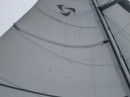 This shows the main up and working after the damage was repaired.   Most of the artful sewing I did is on the other side of the sail.  It was the seam right below the Tayana symbol on the sail that ripped.