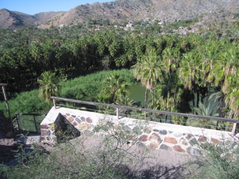 This lookout platform was built up behind the mission church and provides and excellent view of the riverbed and its forest of date palms.  The town of Mulege is in the background with the tower of the prison building being the most obvious detail.