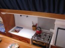 The Galley, new wood trim and curtains