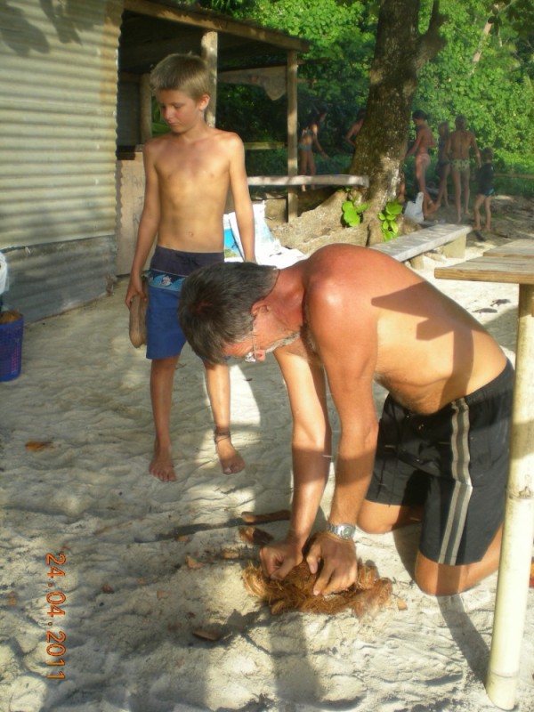 At Hana-Iti beach, Michael and I learned how to extract a coconut from its tough, fibrous outer shell with a machette. We learned from the master, Sikki, who can do this manoeuvre in about 30 seconds. Michael and I took substantially longer!