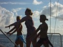 Zoe, Ryssa and Maia, practicing their dance on the front of the Blue Boat.