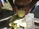 The breadfruit needs to be peeled, seeded, sliced and then boiled.
James did the peeling and slicing for us.