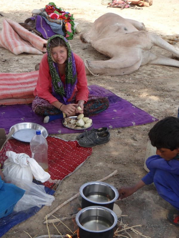 Maia helps prepare the vegetables.
Our lunches and dinners consisted of potatoes, onions and cabbage spiced with cumin and curry and rice and chapati (roti).