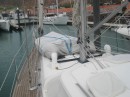 Our repaired dinghy is lashed down and ready for our trip across the Sea  