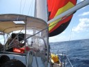 We were one day from Tortolla, and the winds dropped below 8 knots. We decided to fly the gennaker.