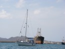 Sareda in the anchorage at Mindelo. Freighter behind was waiting to be broken up on the beach