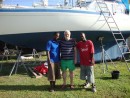 Paul with Frankie and Errol who helped so much to get us back in the water. They worked really hard but we had to keep them supplied with cans of cold beer!