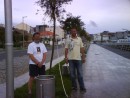 Simon and Lee, next to the guy ropes and trees in Camarinas, after sorting out the heads holding tank