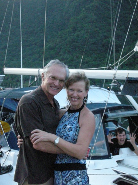 Before our anniversary dinner. Note Nick on the boat.