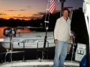 Notice the dinghy on the new davits at sunset in Solomon
