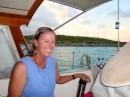 Dena on our boat at Water Cay when we had everyone over for dinner--turkey chili