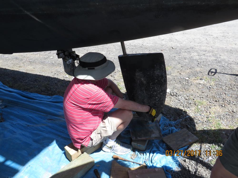 Replaced Rudder Bearings: Thanks to Jim, Chris & Helen for the help getting the rudders off and back on.