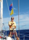 Raising the Cook Island courtesy flag, our 4th country on this trip