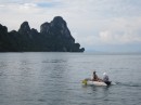 Paddling ashore at Koh Phanak. The floor of the dingy leaks a bit and there was as much ocean inside as outside when we made it to shore.