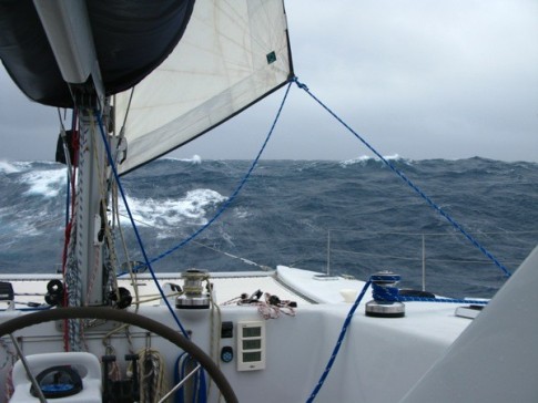 Little piece of the jib pushing us along while we cross through a front during our ocean passage to NZ