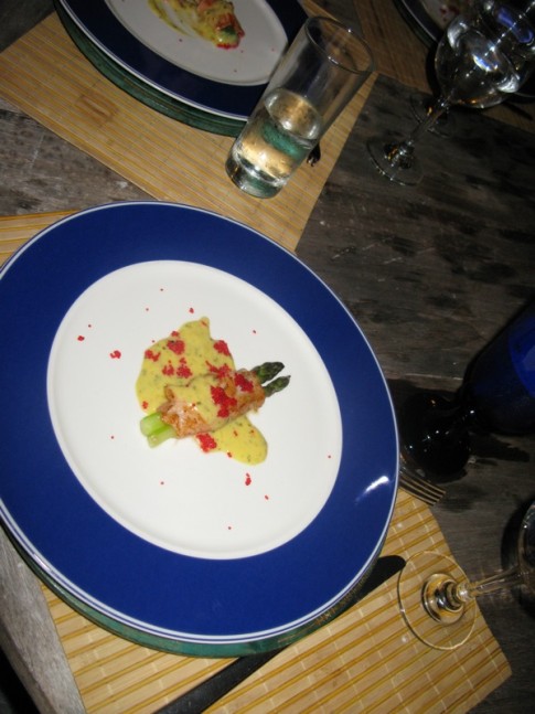 Course #2 at Angermeyer, seared salmon over fresh asparagus with bernaise sauce and caviar