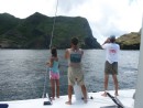 Scoping our our first anchorage after our 17 day passage; Nuku Hiva