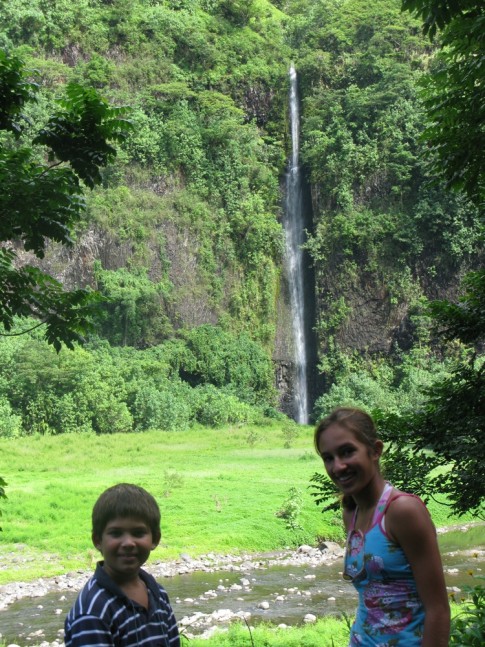 Kids w/waterfall in Tahiti