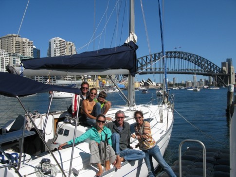 Crew of Carl Linne and Zen enjoying their 40-foot charter boat for a couple days in Sydney Harbor
