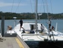 Putting our mast on at Friendship Yachts