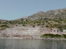 Knidos anchorage - much smaller than Boyu Buku, one jetty with restaurant, and again lots of ruins to explore; here we are viewing the main ruins area from aboard Libertad.