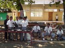 student musicians accompanying the welcome dancers at the senior high school in Maumere