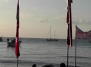 Libertad at anchor in Maumere - all the rally stops had decorative flag/banners adorning the beach and streets of the town