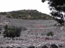 Ephesus -the Great Theater originally Hellenistic (3rd-1st century BC) then extensive renovation by Romans (81-117AD)  theater performances and gladiator contests took place here.  Seating 25,000 the theater can be seen from miles away.