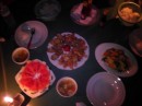 our first dinner; always a decorative presentation as well as delicious; notice small handholds cut into watermelon rind for us