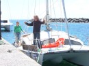Dennis & Sandra return from trying to leave Santorini again - damn wind!