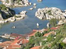 Sarcophagi surrounded by water in the centre of this photo.  Kale Koy, Kekova Roads