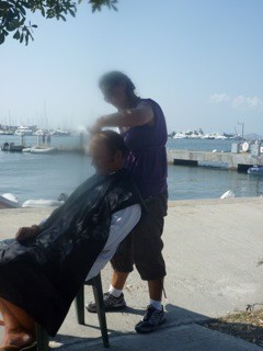 Haircuts on the dock.