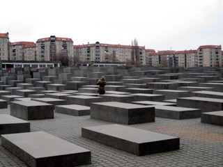 Memorial for murdered Jews -  the stelae are designed to produce an uneasy, confusing atmosphere, and the whole sculpture aims to represent a supposedly ordered system that has lost touch with human reason. 