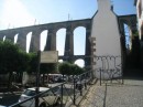 The viaduct in Morlaix.  The steps to reach the lower level are to the right of the white building 