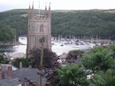 church tower at Fowey with mooring area in background