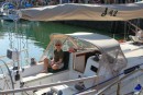 Our first day to weather summer clothes! Ann Pattison aboard Canty in the inner harbor at Padstow.  June 2nd